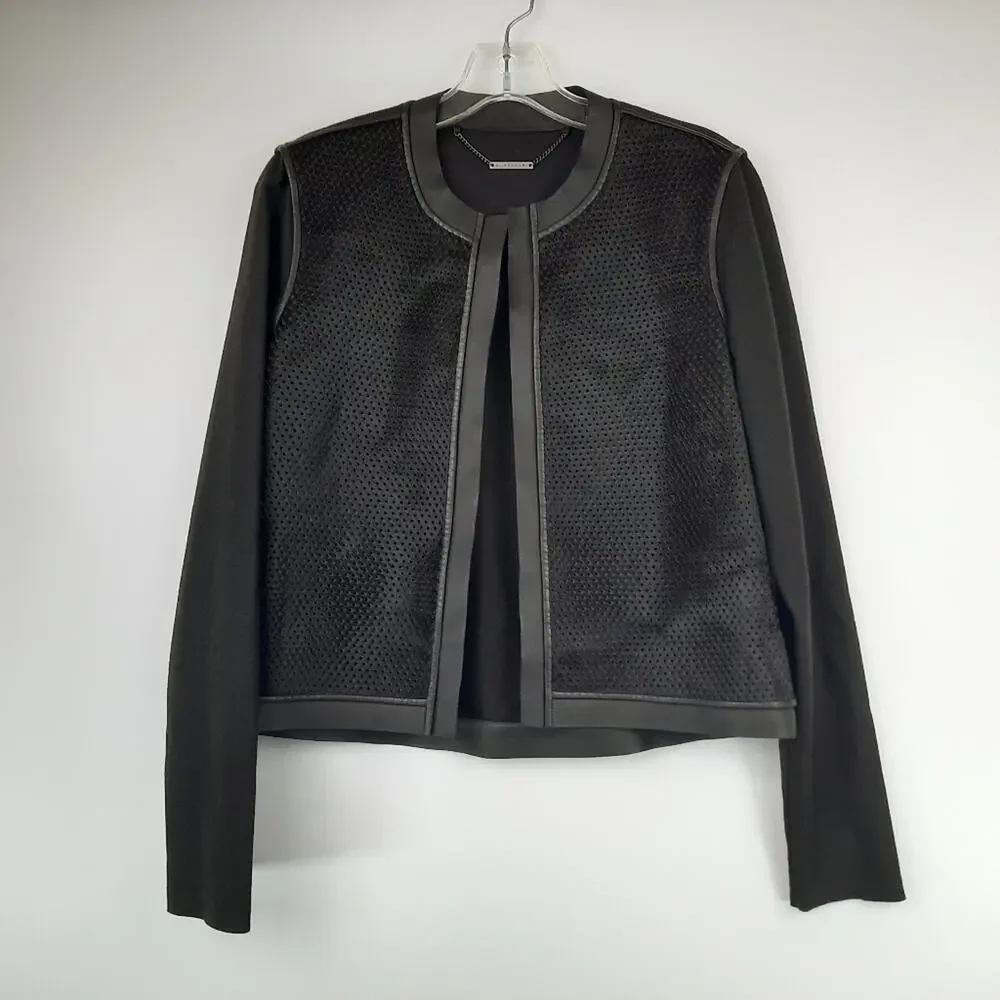 Elie Tahari Courtney black jacket dyed perforated calf leather wool blend size s